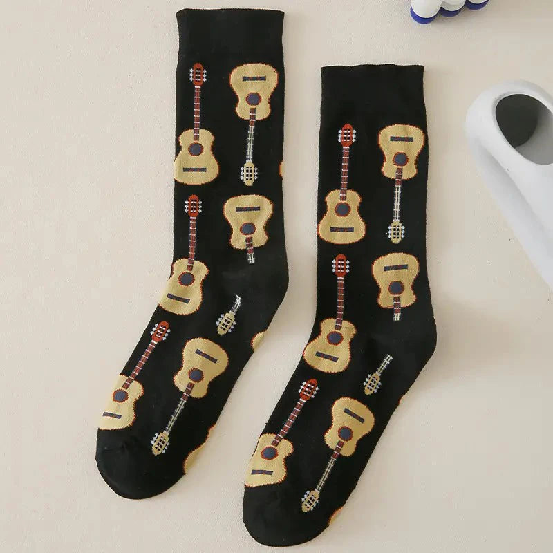 1 Pair Men Guitar Printed Mid Tube Socks Fashionable Versatile Cartoon Round Neck Soft Comfortable Breathable Casual Socks