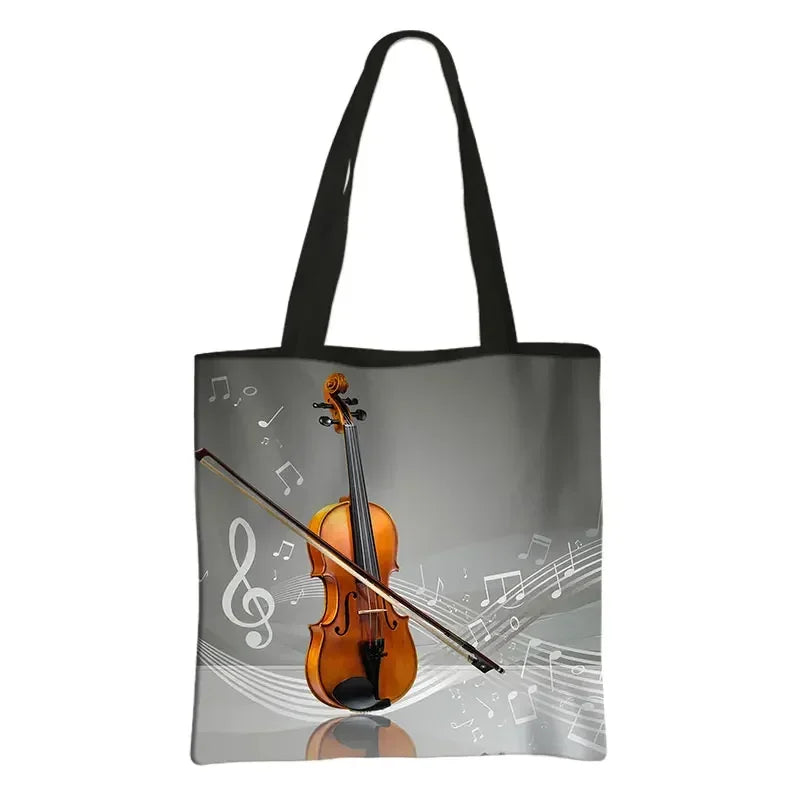 Music Notes Print Tote Bag Musical Instrument Handbag Guitar Violin/Violoncello/Piano Shoulder Bag BookBag Day Bag Shopping Bag
