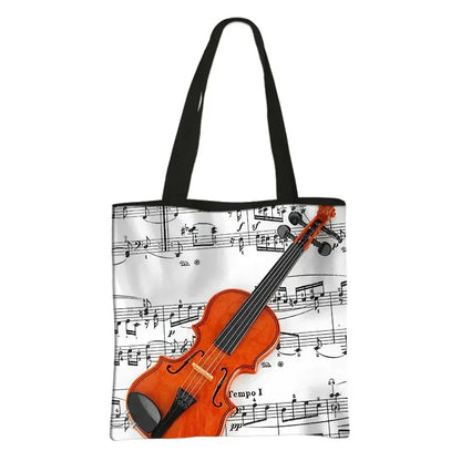 Music Notes Print Tote Bag Musical Instrument Handbag Guitar Violin/Violoncello/Piano Shoulder Bag BookBag Day Bag Shopping Bag