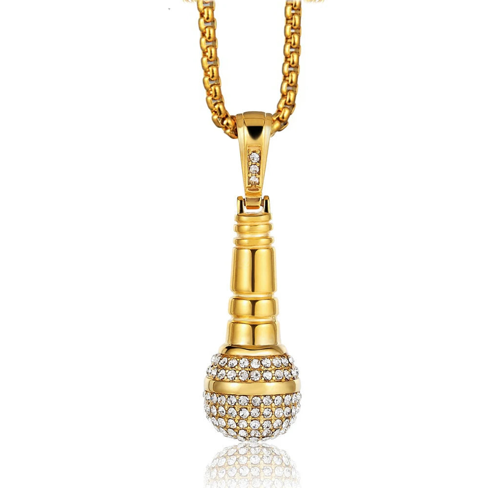Hip Hop Iced Out Bling Microphone Pendants Necklace For Women/Men Stainless Steel Chain Hiphop Rapper Music Jewelry Dropshipping