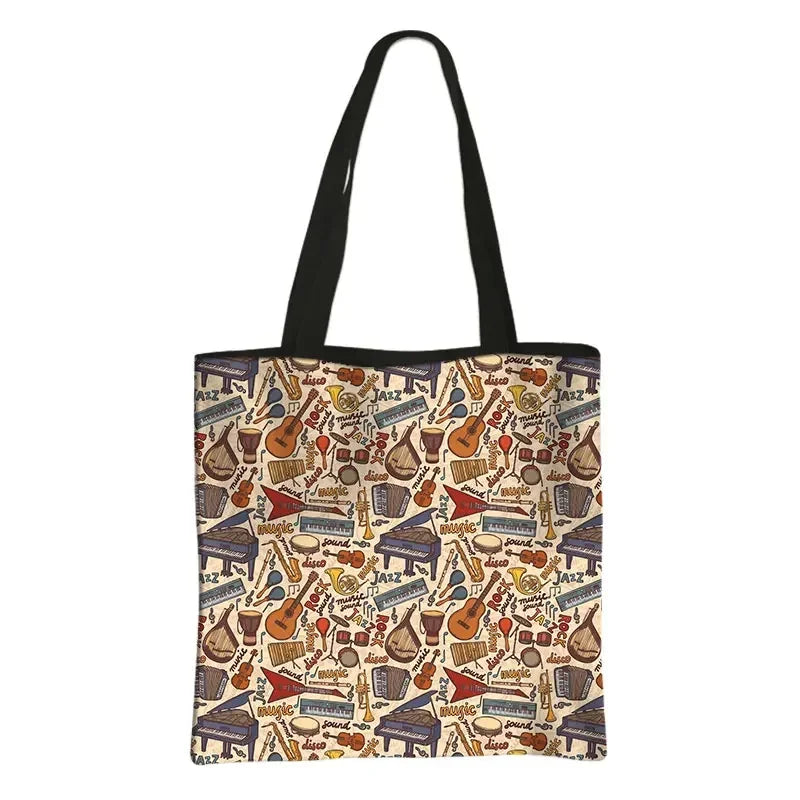 Music Notes Print Tote Bag Musical Instrument Handbag Guitar Violin/Violoncello/Piano Shoulder Bag BookBag Day Bag Shopping Bag