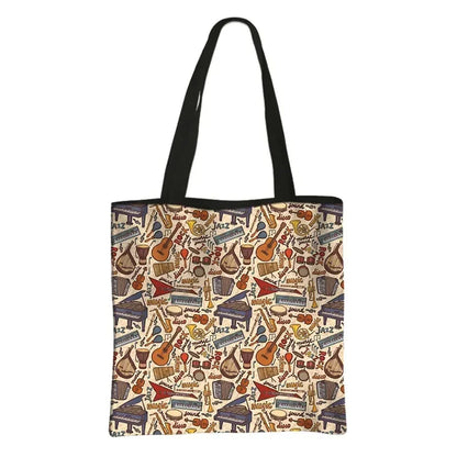 Music Notes Print Tote Bag Musical Instrument Handbag Guitar Violin/Violoncello/Piano Shoulder Bag BookBag Day Bag Shopping Bag