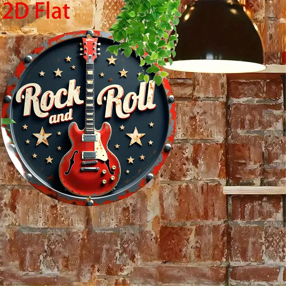 2D Flat - 1pc Retro Rock 'n' Roll Aluminum Tin Sign Wall Art - 8x8 Inch Vintage Round Metal Plaque with Red Electric Guitar & St