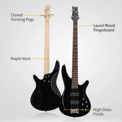 44 Inch GIB 4 String H-H Pickup Laurel Wood Fingerboard Electric Bass Guitar with Bag and other Accessories Black
