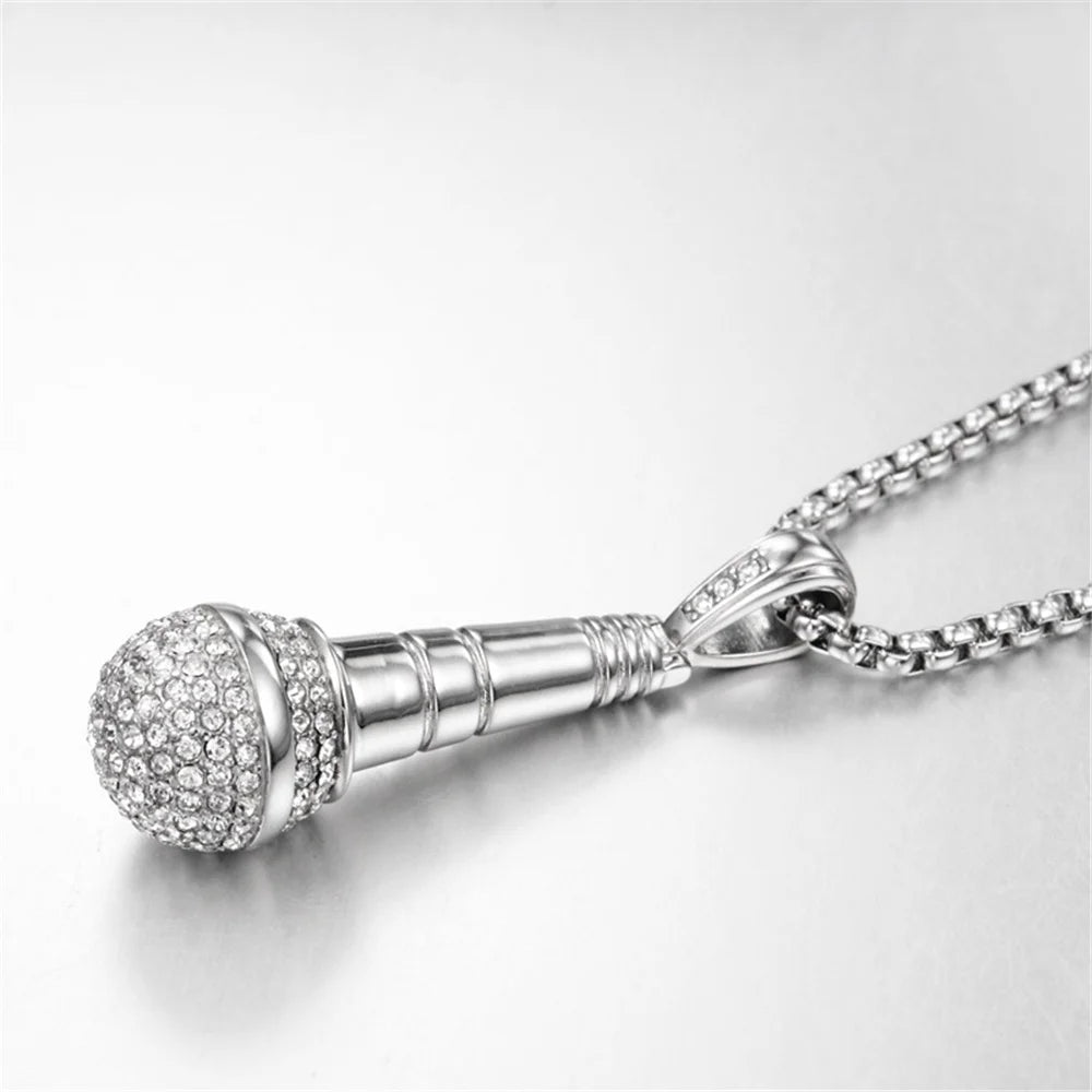 Hip Hop Iced Out Bling Microphone Pendants Necklace For Women/Men Stainless Steel Chain Hiphop Rapper Music Jewelry Dropshipping