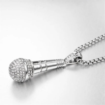 Hip Hop Iced Out Bling Microphone Pendants Necklace For Women/Men Stainless Steel Chain Hiphop Rapper Music Jewelry Dropshipping