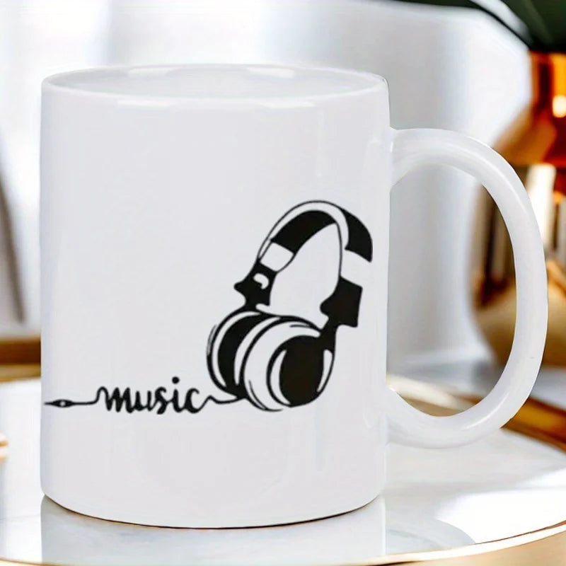 Music Lover's White Ceramic Mug with Headphones & Music Notes Design - Reusable Coffee Cup for Tea, Hot Chocolate - Hand Wash On