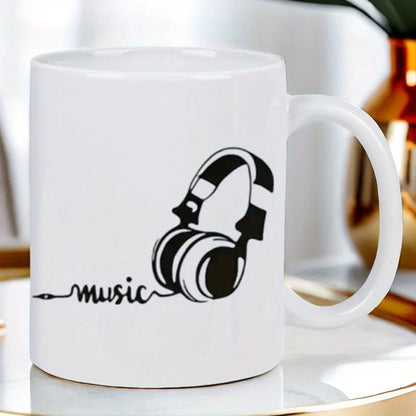 Music Lover's White Ceramic Mug with Headphones & Music Notes Design - Reusable Coffee Cup for Tea, Hot Chocolate - Hand Wash On