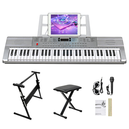 61 Key Lighting Keyboard with Piano Stand, Piano Bench, Built In Speakers, Headphone, Microphone, Music Rest, LED Screen