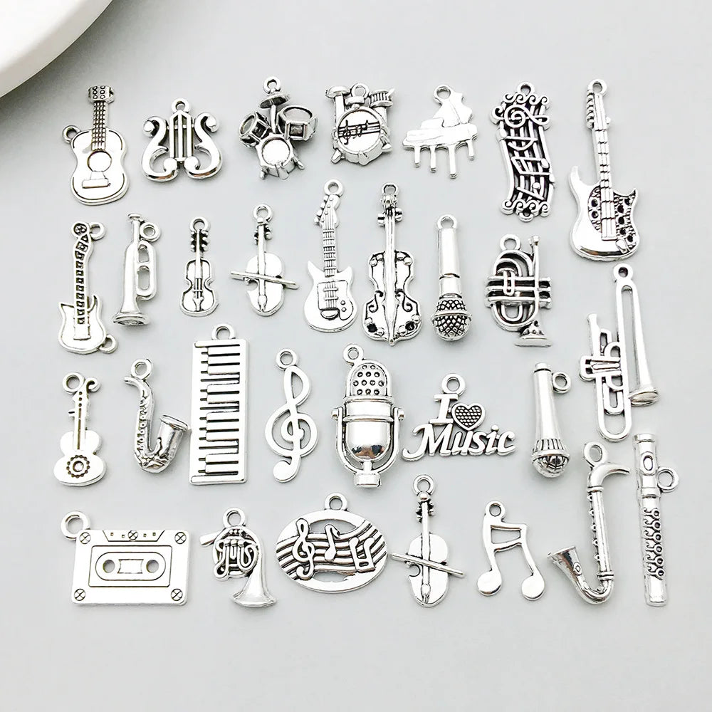 10-Piece Silver Music Instrument Charms – Guitar, Microphone & Note Pendants for DIY Jewelry