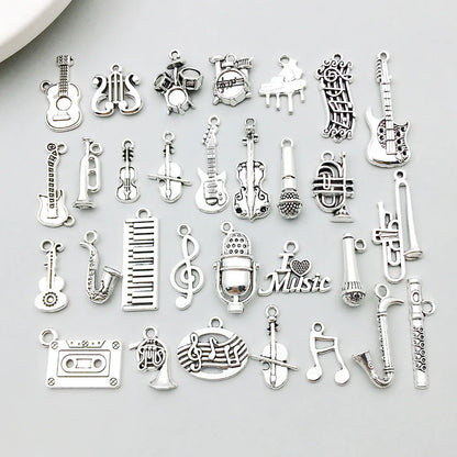 10-Piece Silver Music Instrument Charms – Guitar, Microphone & Note Pendants for DIY Jewelry