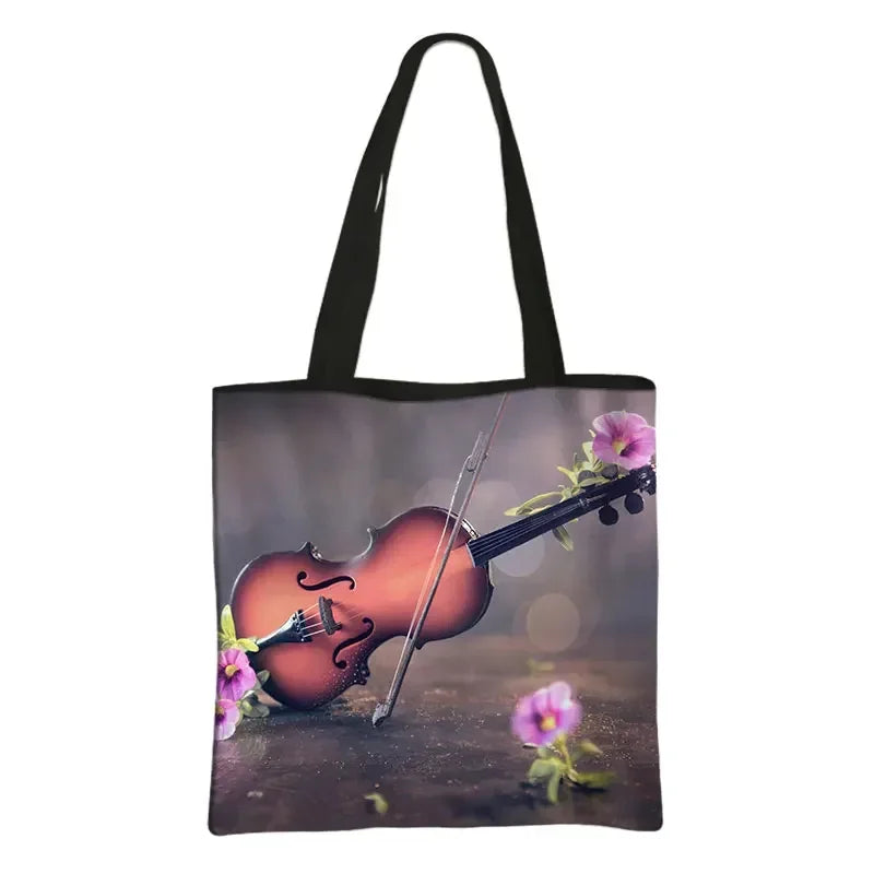 Music Notes Print Tote Bag Musical Instrument Handbag Guitar Violin/Violoncello/Piano Shoulder Bag BookBag Day Bag Shopping Bag