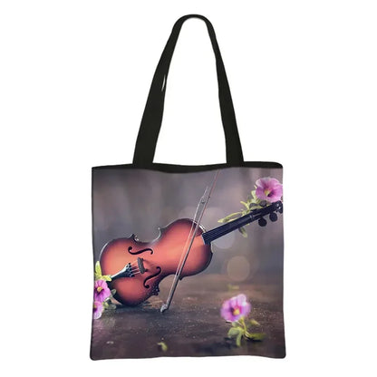 Music Notes Print Tote Bag Musical Instrument Handbag Guitar Violin/Violoncello/Piano Shoulder Bag BookBag Day Bag Shopping Bag