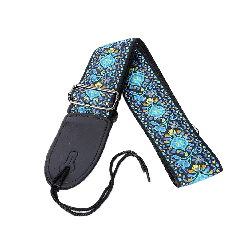 Vintage Embroidered Jacquard Guitar Strap with Genuine Leather Ends