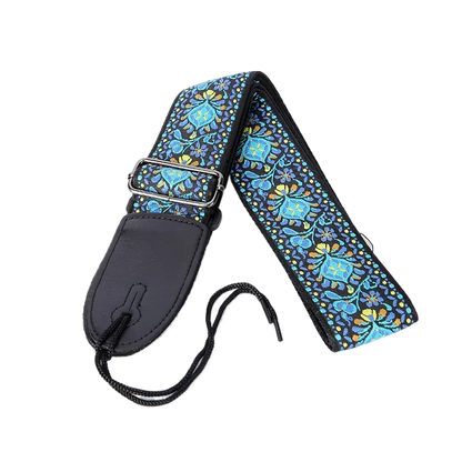 Vintage Embroidered Jacquard Guitar Strap with Genuine Leather Ends