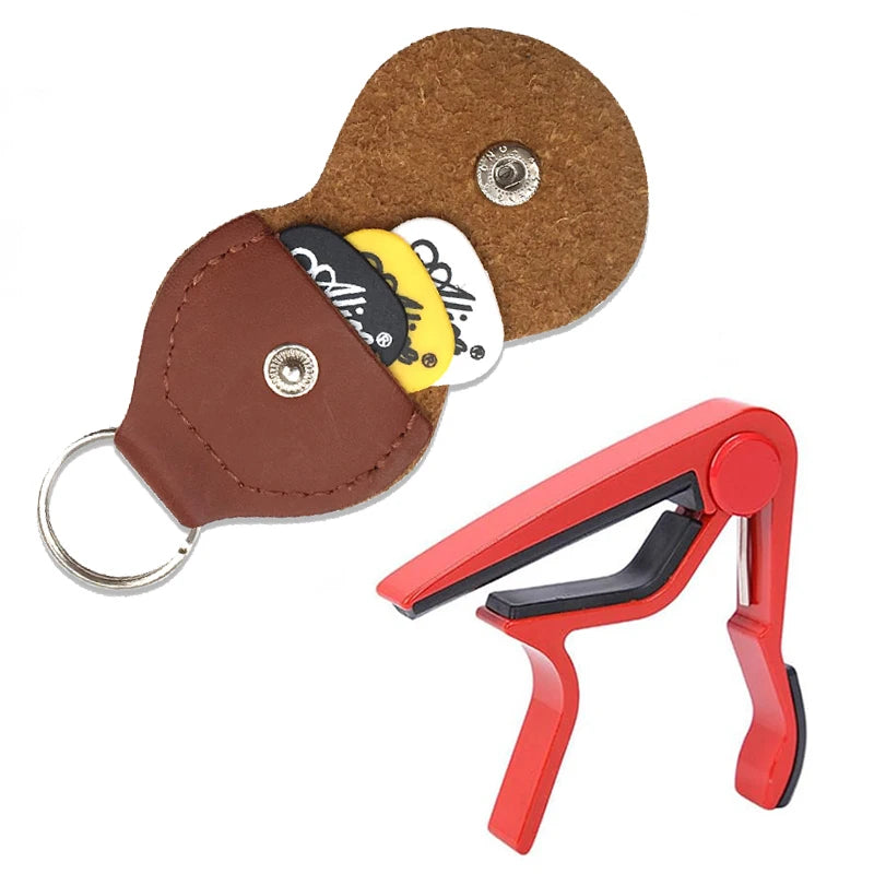 PU Leather Guitar Pick Bag + Alloy Capo & Metal Tuning Clip – Essential Guitar Accessory Kit