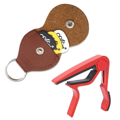 PU Leather Guitar Pick Bag + Alloy Capo & Metal Tuning Clip – Essential Guitar Accessory Kit