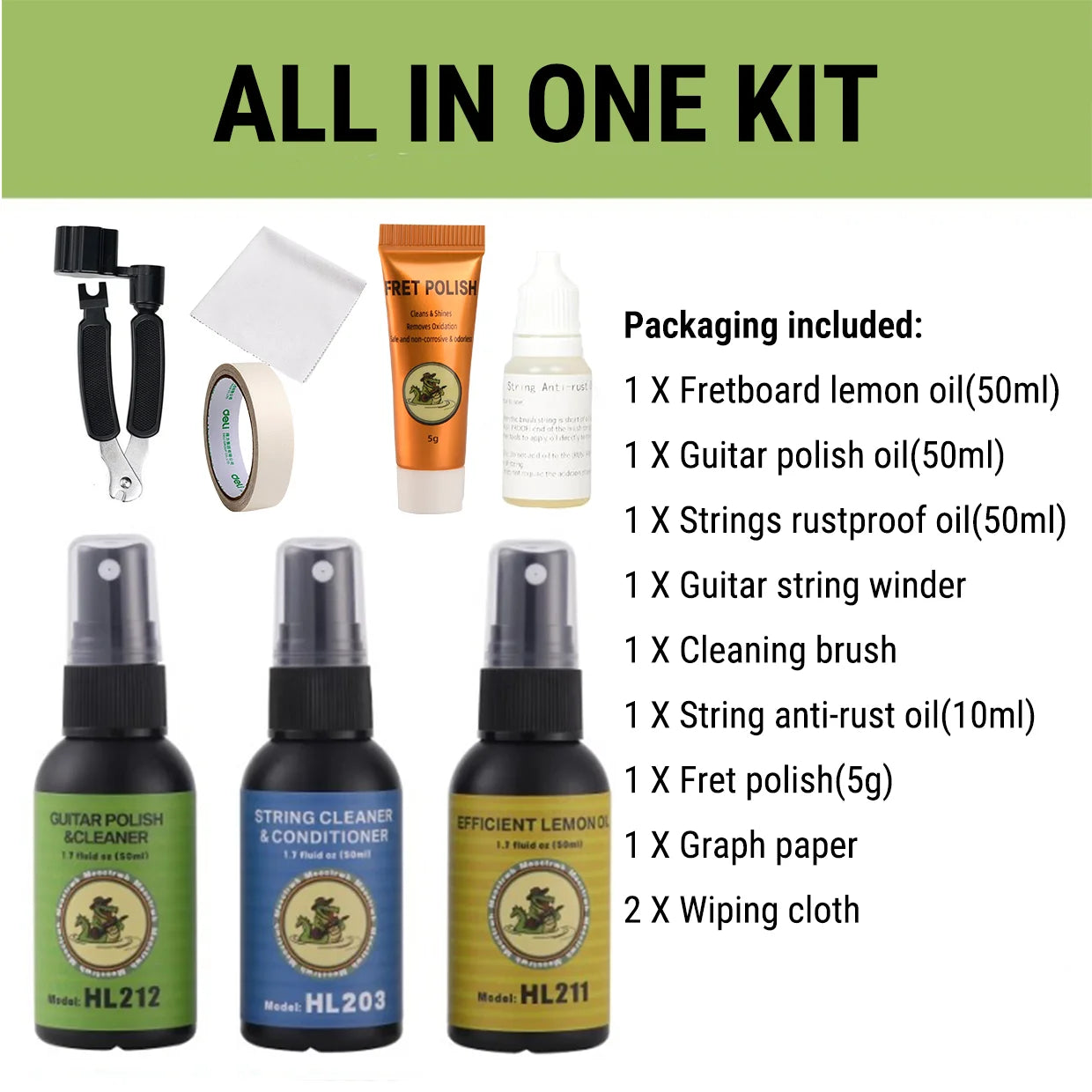 Guitar Cleaning Kit All IN ONE fretboard Lemon Oil Polish String Cleaner Guitar string winder for Guitar Cleaning Maintenance