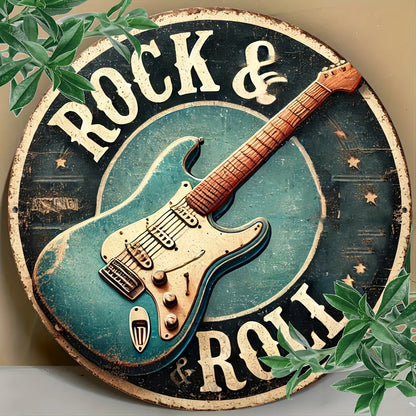 Rock & Roll Guitar Themed Aluminum Metal Tin Sign , Foil Engraved Wall Art Decor - For Home Office - Ideal for Living Room, Bar