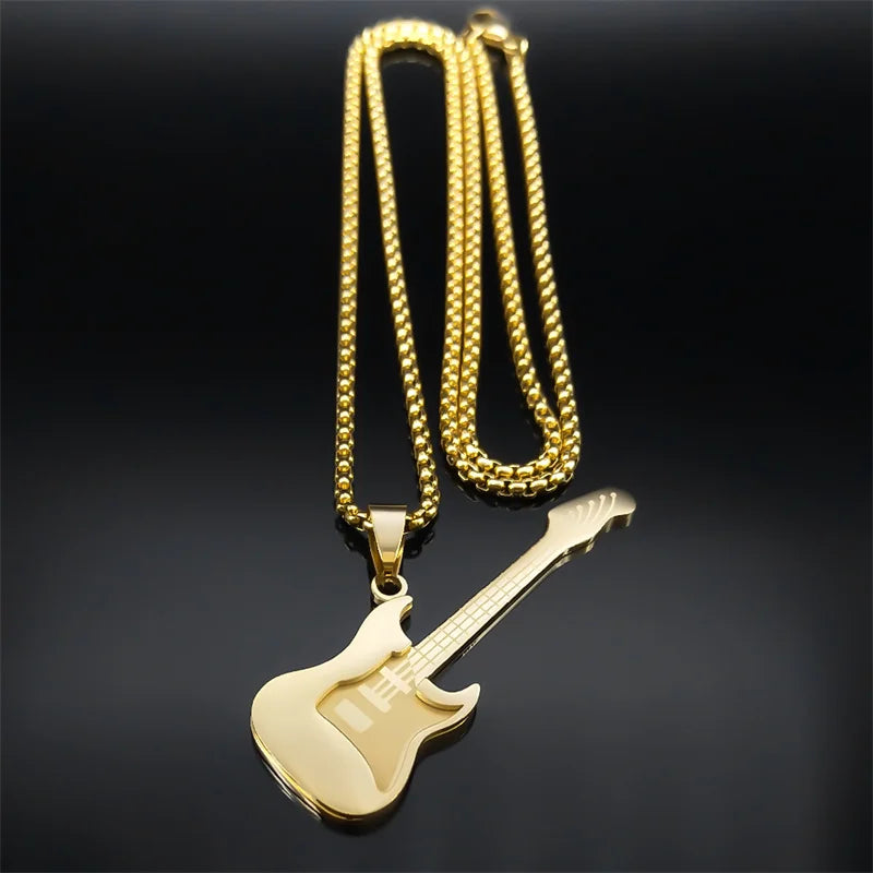 Gold Stainless-Steel Guitar Pendant Necklace – Hip-Hop Music Instrument Charm