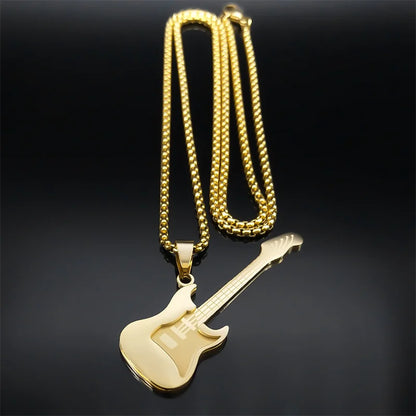 Gold Stainless-Steel Guitar Pendant Necklace – Hip-Hop Music Instrument Charm