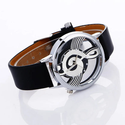Music Shape Watch Round Dial Elegant Black White Leather Casual Watches Hollow Style Women Fashion Wristwatch