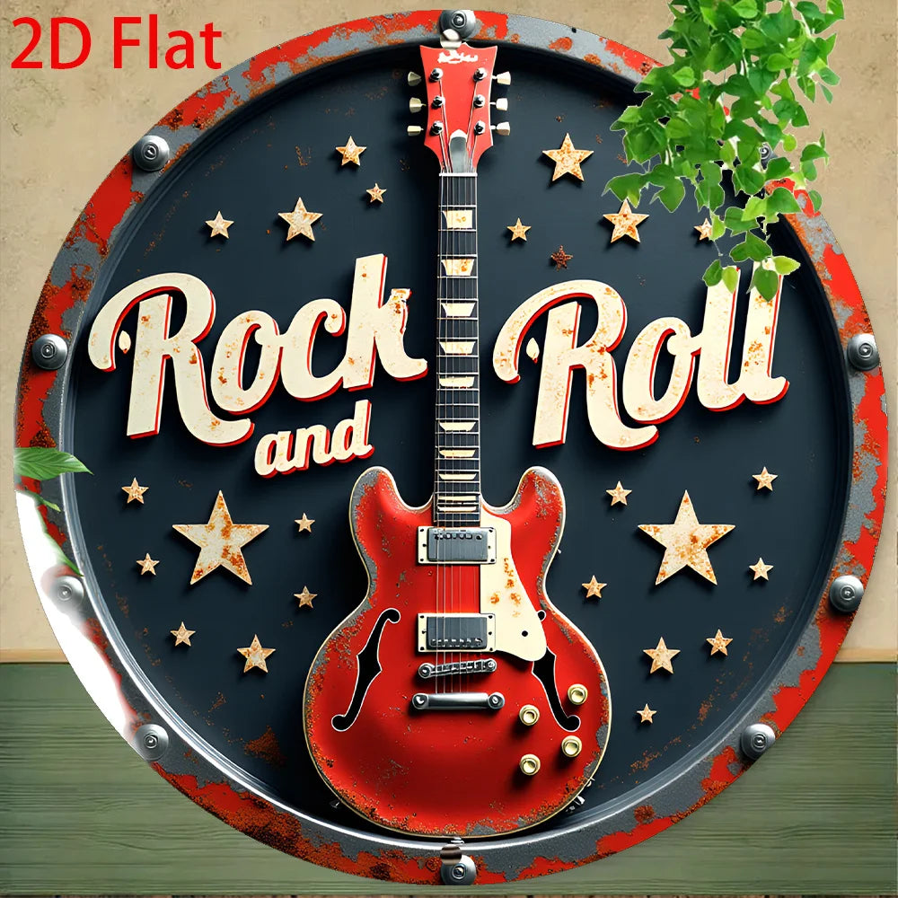 2D Flat - 1pc Retro Rock 'n' Roll Aluminum Tin Sign Wall Art - 8x8 Inch Vintage Round Metal Plaque with Red Electric Guitar & St