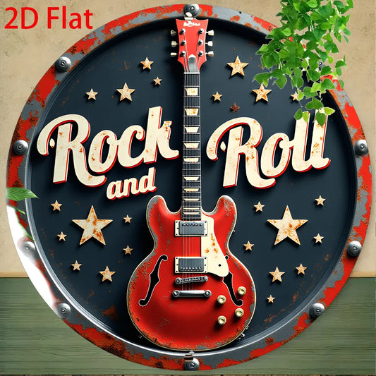2D Flat - 1pc Retro Rock 'n' Roll Aluminum Tin Sign Wall Art - 8x8 Inch Vintage Round Metal Plaque with Red Electric Guitar & St