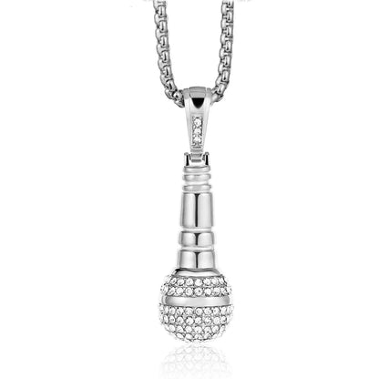 Hip Hop Iced Out Bling Microphone Pendants Necklace For Women/Men Stainless Steel Chain Hiphop Rapper Music Jewelry Dropshipping