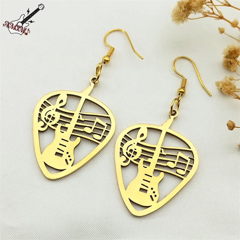 Rock Music Guitar Pick Pendant Drop Earrings for Women Stainless Steel Punk Musical Bass Note Dangle Earring Party Gift Jewelry