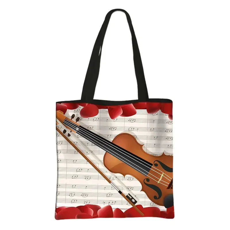 Music Notes Print Tote Bag Musical Instrument Handbag Guitar Violin/Violoncello/Piano Shoulder Bag BookBag Day Bag Shopping Bag