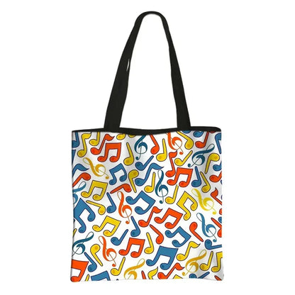 Music Notes Print Tote Bag Musical Instrument Handbag Guitar Violin/Violoncello/Piano Shoulder Bag BookBag Day Bag Shopping Bag