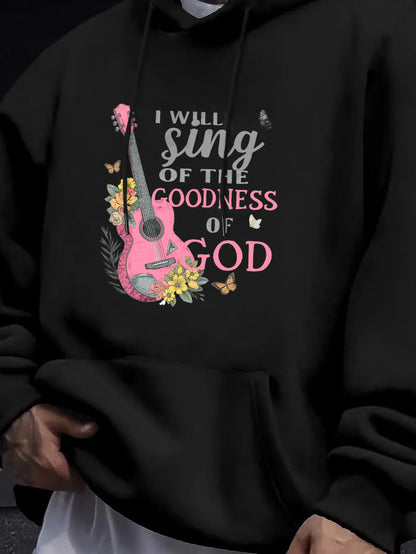 Men's Hoodie Black I Will Sing of the Goodness of God Guitar Floral Print High Quality Cotton Casual Daily Wear Workout Hoodies