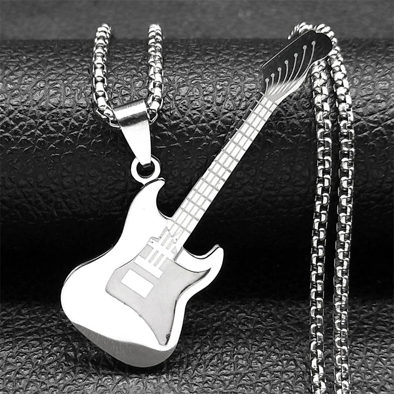 Gold Stainless-Steel Guitar Pendant Necklace – Hip-Hop Music Instrument Charm
