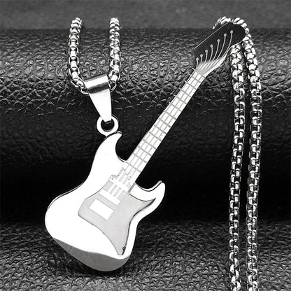 Gold Stainless-Steel Guitar Pendant Necklace – Hip-Hop Music Instrument Charm