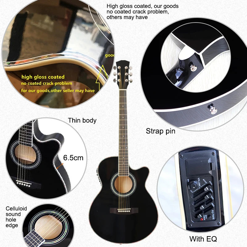 Thin-Body Acoustic-Electric Guitar Bundle – Beginner Guitar with Free Gig Bag & Extra Strings