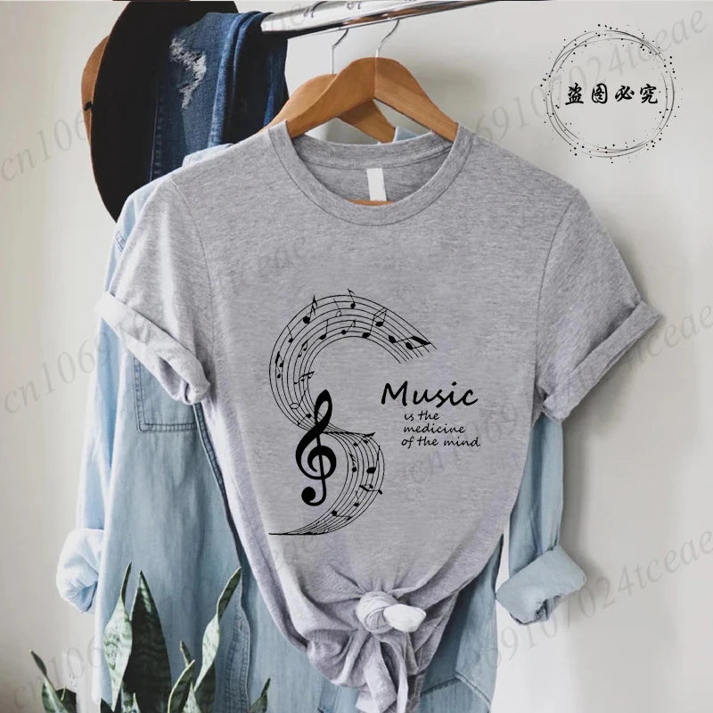 Summer Fashion Brand Women's T-shirt Clothing Music Note Print Tshirt Clothing Y2k Streetwear T Shirt Music Note Lover Tee Tops