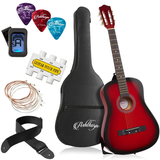 38″ Beginner Acoustic Guitar Package – Red Starter Kit with Gig Bag, Tuner & Accessories
