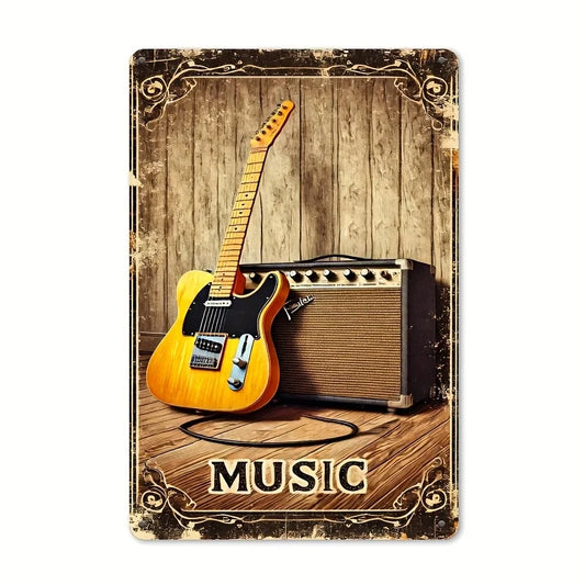 Printed Rectangular Metal Sign, Music Guitar Theme, Iron , Vintage Plaque Decorative Mural, Fea