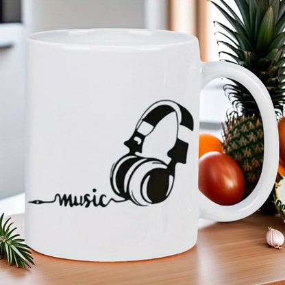 Music Lover's White Ceramic Mug with Headphones & Music Notes Design - Reusable Coffee Cup for Tea, Hot Chocolate - Hand Wash On