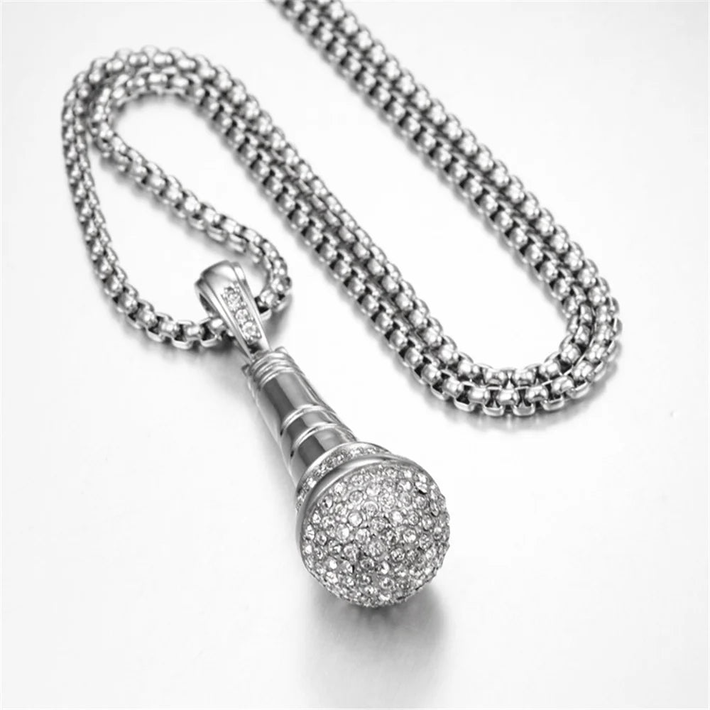 Hip Hop Iced Out Bling Microphone Pendants Necklace For Women/Men Stainless Steel Chain Hiphop Rapper Music Jewelry Dropshipping