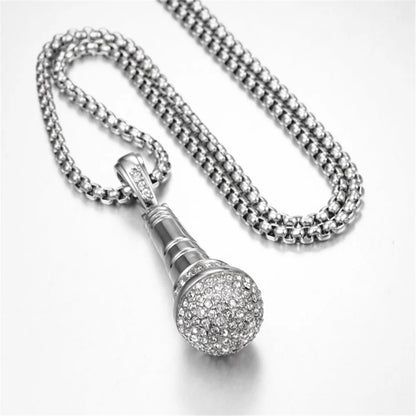 Hip Hop Iced Out Bling Microphone Pendants Necklace For Women/Men Stainless Steel Chain Hiphop Rapper Music Jewelry Dropshipping