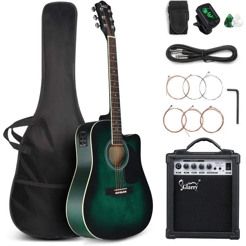 Glarry 41″ Full-Size 6-String Acoustic-Electric Guitar Kit – Cutaway with 15 W Amp, Built-in Tuner & Accessories