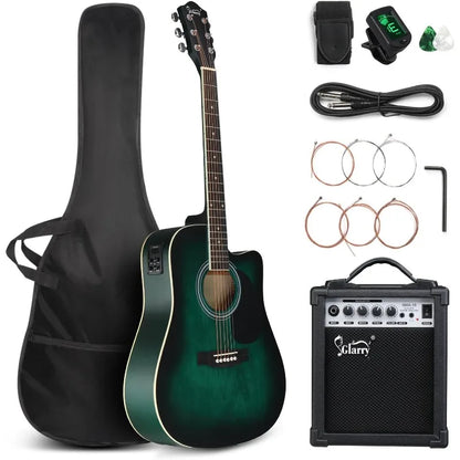 Glarry 41″ Full-Size 6-String Acoustic-Electric Guitar Kit – Cutaway with 15 W Amp, Built-in Tuner & Accessories
