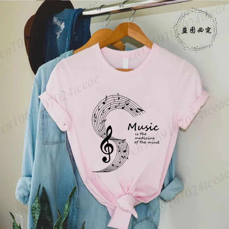 Summer Fashion Brand Women's T-shirt Clothing Music Note Print Tshirt Clothing Y2k Streetwear T Shirt Music Note Lover Tee Tops