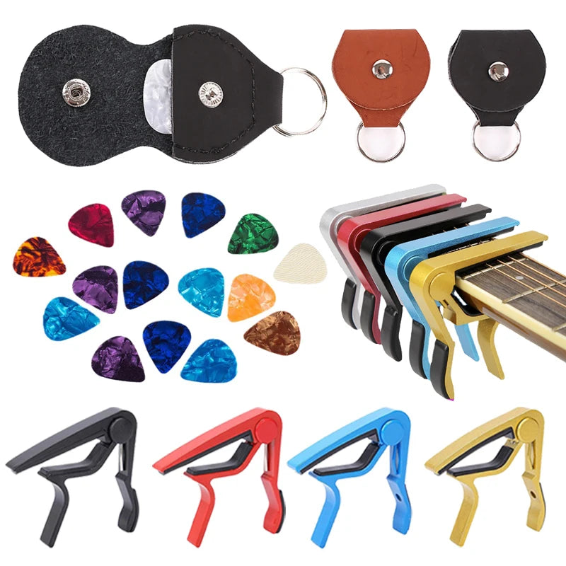 PU Leather Guitar Pick Bag + Alloy Capo & Metal Tuning Clip – Essential Guitar Accessory Kit