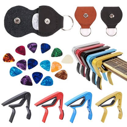 PU Leather Guitar Pick Bag + Alloy Capo & Metal Tuning Clip – Essential Guitar Accessory Kit
