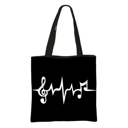 Music Notes Print Tote Bag Musical Instrument Handbag Guitar Violin/Violoncello/Piano Shoulder Bag BookBag Day Bag Shopping Bag