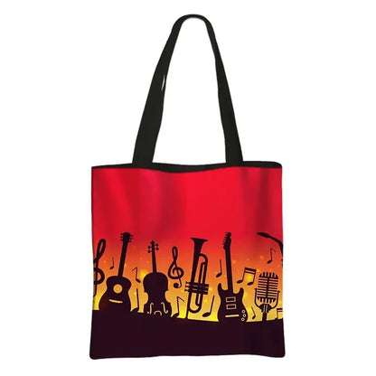 Music Notes Print Tote Bag Musical Instrument Handbag Guitar Violin/Violoncello/Piano Shoulder Bag BookBag Day Bag Shopping Bag