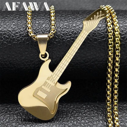 Gold Stainless-Steel Guitar Pendant Necklace – Hip-Hop Music Instrument Charm